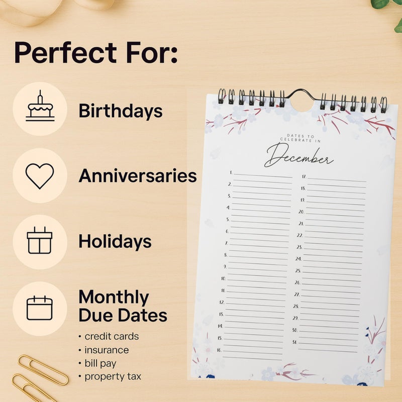 Paper 'n Such Perpetual Floral Wall Calendar for Birthdays and Anniversaries -12 Months - Dates to Remember Book - Journal for Important & Special Days - Wall Hanging Date Organizer 6 x 9 inches - Image 4